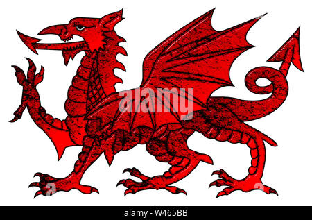 Welsh dragon 3D illustration with a grungy bevel effect on an isolated white background Stock Photo