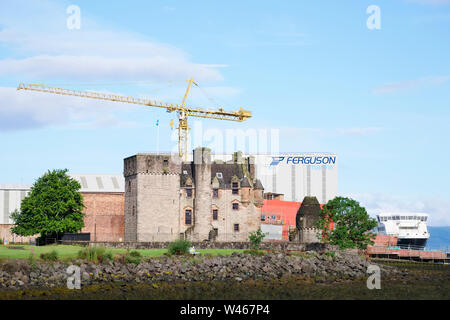 Port Glasgow, Inverclyde / Scotland - July 20th 2019: Ferguson Marine shipbuilding to be nationalised by Scottish UK government building Calmac ferry Stock Photo