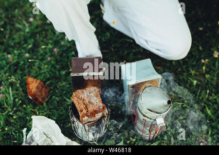 Closeup of a apiarist gear for smoking bees Stock Photo