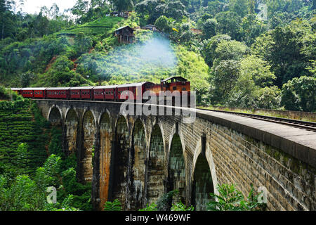 Train running along the Nine Arch Bridge, also called the Bridge in the Sky, in Sri Lanka. This is one of the best colonial-era railway construction