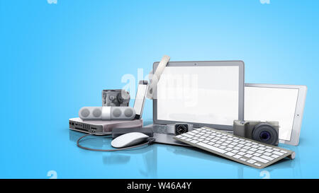 collection of consumer electronics 3D render on blue background Stock Photo