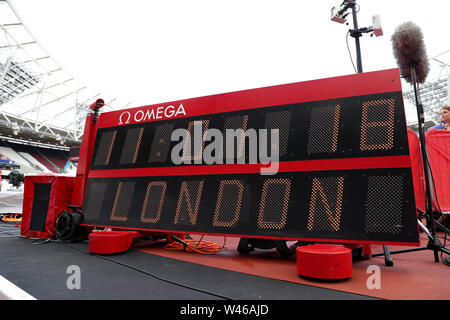 London Stadium, London, UK. 20th July, 2019. IAAF Muller Anniversary Games Athletics; Omega Time System with London displayed Credit: Action Plus Sports Images/Alamy Live News Stock Photo