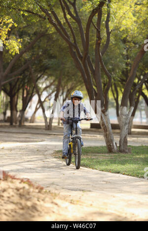 Boy riding cycle in the park Stock Photo