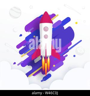 Space rocket launch flying in space, scenery with galaxy. Vector illustration paper art flat style, business start up concept. Stock Vector