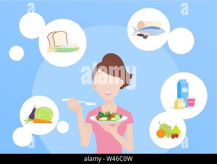 Young woman eating healthy food, 5 food groups, organic. Vecter illustration cartoon character style concept of healthy lifestyle and proper nutrition Stock Vector