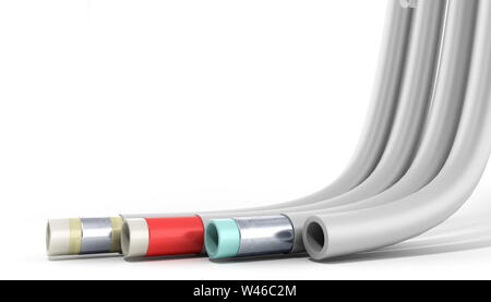 different plastic water pipes in layers 3d render on white Stock Photo