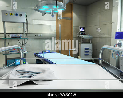 equipment and medical devices in modern operating room 3d render interior Stock Photo