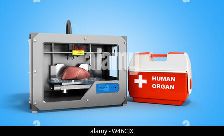 concept of transplantation process of creating human organs using 3D printer illustration isolated on blue Stock Photo