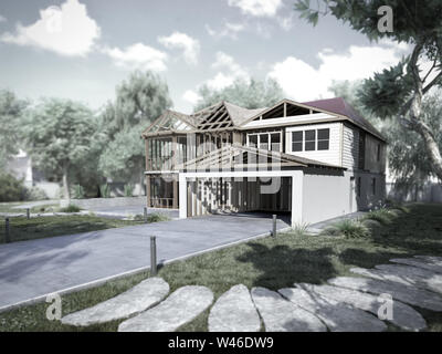 modern concept of construction works the house is assembled by parts on the land 3d render image Stock Photo