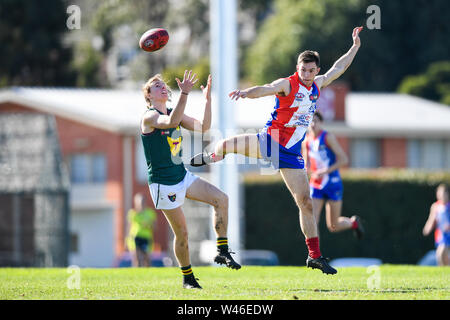 Box Hill City Oval, Melbourne, Australia. 20th July 2019. Australian Rules Football Under 18s Championships, Gippsland Power versus Tasmania Devils; Lewis Deegan of the Tasmanian Devils marks the ball Credit: Action Plus Sports Images/Alamy Live News Stock Photo