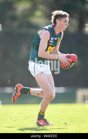 Box Hill City Oval, Melbourne, Australia. 20th July 2019. Australian Rules Football Under 18s Championships, Gippsland Power versus Tasmania Devils; Matt McGuinness of the Tasmanian Devils runs with the ball Credit: Action Plus Sports Images/Alamy Live News Stock Photo