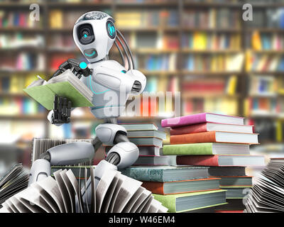 modern concept of piece intelligence robot is reading books sitting on a pile of books3d render Stock Photo