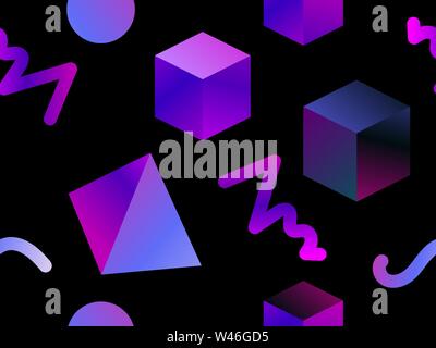 Memphis seamless pattern with geometric shapes and dark gradient, style of the 80s. Isometric 3d objects on a black background. Vector illustration Stock Vector