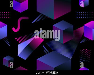 Memphis seamless pattern with geometric shapes and dark gradient, style of the 80s. Isometric 3d objects on a black background. Vector illustration Stock Vector