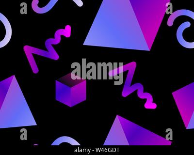 Memphis seamless pattern with geometric shapes and dark gradient, style of the 80s. Isometric 3d objects on a black background. Vector illustration Stock Vector