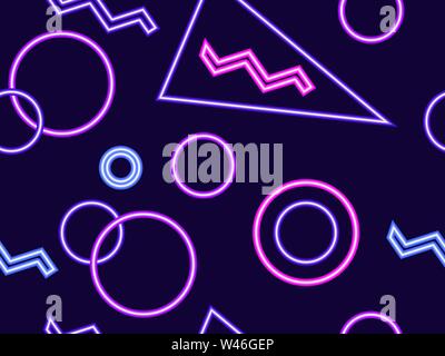 Seamless pattern with glowing neon geometric shapes in the memphis style of the 80s. Retrowave. Vector illustration Stock Vector