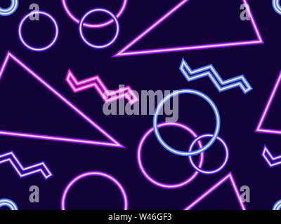 Seamless pattern with glowing neon geometric shapes in the memphis style of the 80s. Retrowave. Vector illustration Stock Vector