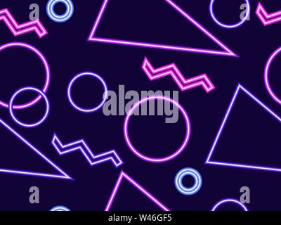 Seamless pattern with glowing neon geometric shapes in the memphis style of the 80s. Retrowave. Vector illustration Stock Vector