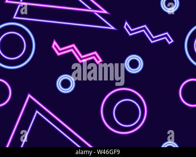 Seamless pattern with glowing neon geometric shapes in the memphis style of the 80s. Retrowave. Vector illustration Stock Vector