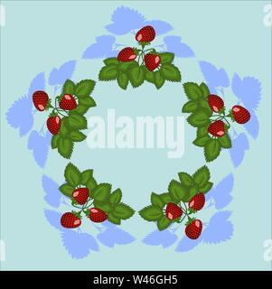 Strawberry bush with red berries and white flowers on a blue background - illustration. Star frame Stock Vector