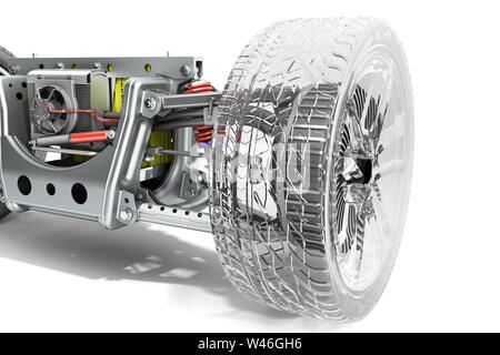 electric car cystem wheelbase with electric vehicle drive system and battery pack 3d render on white Stock Photo