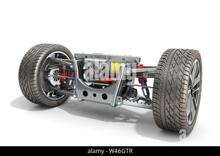 electric car cystem wheelbase with electric vehicle drive system and battery pack 3d render on white Stock Photo