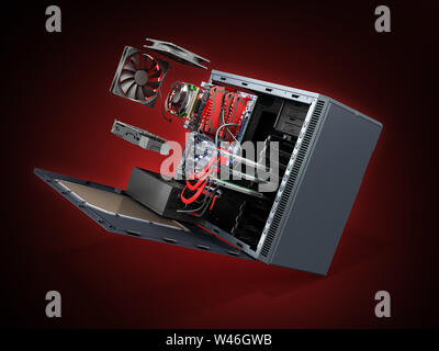 open PC case with internal parts motherboard cooler video card power ...