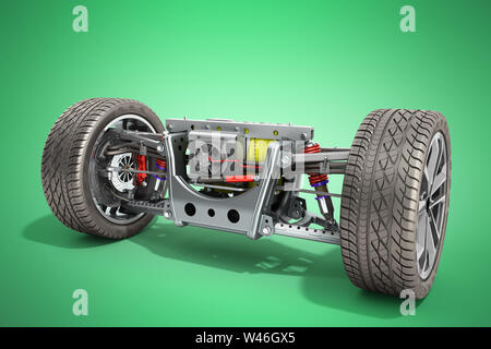 electric car cystem wheelbase with electric vehicle drive system and battery pack 3d render on green Stock Photo