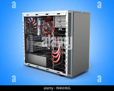 open PC case with internal parts motherboard cooler video card power ...