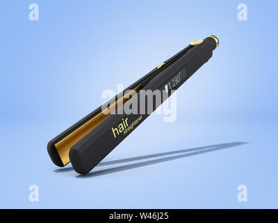 Electric curling iron hair straightener with ceramic plates 3d render on blue background Stock Photo