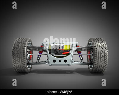 electric car cystem wheelbase with electric vehicle drive system and battery pack 3d render on grey Stock Photo