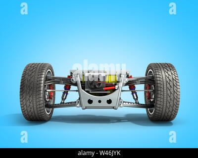 electric car cystem wheelbase with electric vehicle drive system and battery pack 3d render on blue Stock Photo