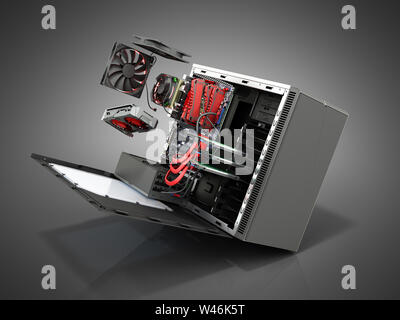 open PC case with internal parts motherboard cooler video card power ...