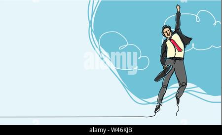 businessman happy victory jumping single line bad drawing with water color efect flat style illustration Stock Vector