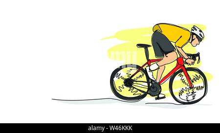 Professional road bike bicycle racer in action speeding single line bad drawing with water color efect flat style illustration Stock Vector
