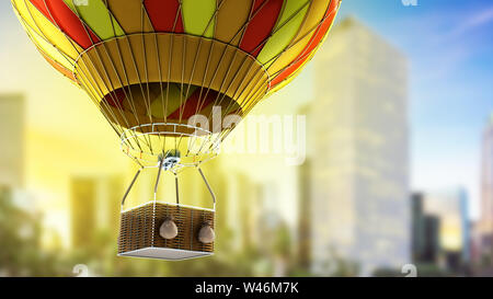 Hot Air color balloon 3d render oncity background Stock Photo