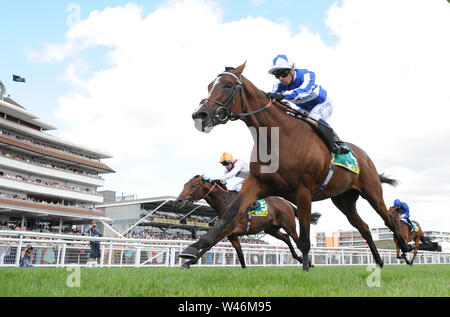 Silvestre De Sousa on board Fox Chairman wins the bet365 Stakes (Registered As The Steventon Stakes) at Newbury Racecourse. Stock Photo