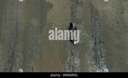 Traditional way of rice field plowing in Bali, Indonesia. Old mechanical hand plow, no agricultural season, field in mud. Drone view from above. Stock Photo