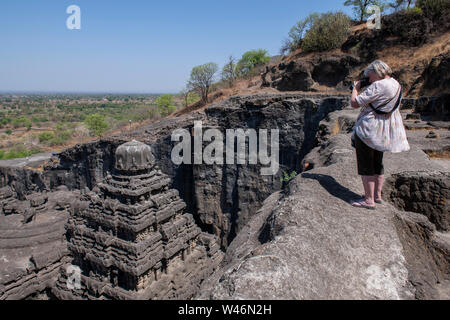 India, Maharashtra, Ellora, Ellora Caves. Overview looking down on the top of Cave 16, The Kailasa Temple aka Kailasanatha, entirely carved out of one Stock Photo