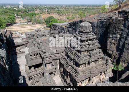 India, Maharashtra, Ellora, Ellora Caves. Overview looking down on the top of Cave 16, The Kailasa Temple aka Kailasanatha. Stock Photo
