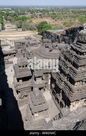 India, Maharashtra, Ellora, Ellora Caves. Overview looking down on the top of Cave 16, The Kailasa Temple aka Kailasanatha, entirely carved out of one Stock Photo