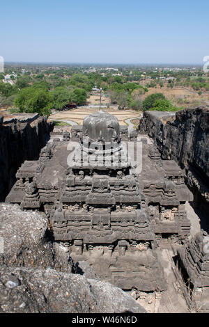 India, Maharashtra, Ellora, Ellora Caves. Overview looking down on the top of Cave 16, The Kailasa Temple aka Kailasanatha. Stock Photo