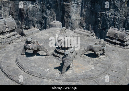 India, Maharashtra, Ellora, Ellora Caves. Overview looking down on the top of Cave 16, The Kailasa Temple aka Kailasanatha, entirely carved out of one Stock Photo