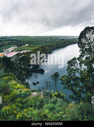 North coast Landscape over Capelas town on Sao Miguel island, Azores archipelago, Portugal. Miradouro do Porto das Capelas. Stock Photo