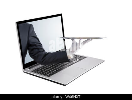 Waiter holding empty silver tray out of a laptop screen, isolated on white Stock Photo