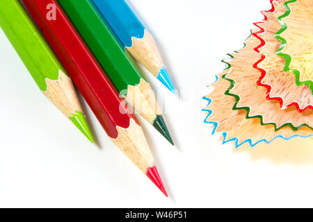 Colorful crayon pencil and wood shavings of them Stock Photo
