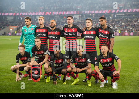 Sydney. 20th July, 2019. Starting players of Western Sydney Wanderers pose prior to an international friendly football match between Western Sydney Wanderers and Leeds United in Sydney, Australia on July 20, 2019. Credit: Zhu Hongye/Xinhua/Alamy Live News Stock Photo