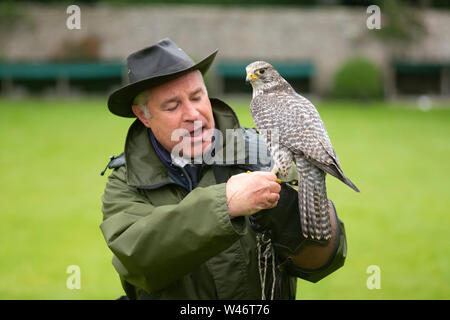 Andy Hughes, a Falconer demonstrates and explains the different hunting methods used by owls, hawks and falcons at Dunrobin Castle, Scotland. Stock Photo