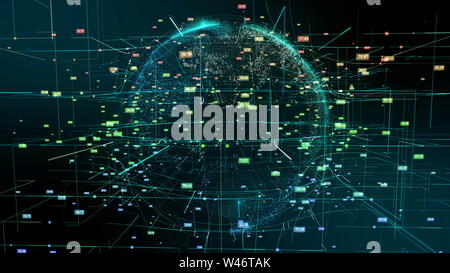 Planet Earth Cyberspace Particle Abstract Motion. Digital Continents Hologram Colorful Fly Dots Data World Network Map. Planet Rotation Outer Space Exploration Business Concept 3D Rendering Animation Stock Photo