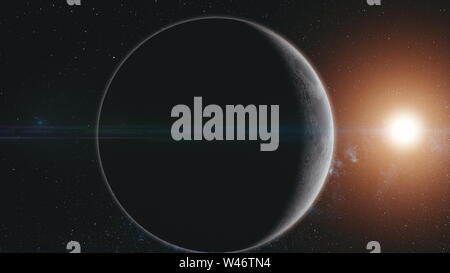 Moon Orbit Surface Sun Beam Glow Starry Galaxy. Planet Motion Sight Milky Way Background Deep Outer Space Navigation Universe Exploration 3D Animation Stock Photo